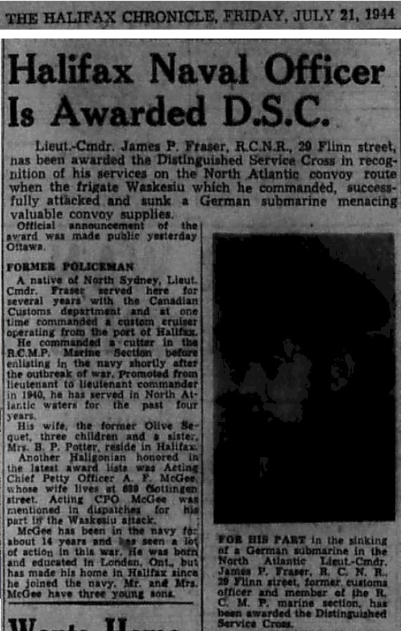Newspaper article on the awarding of the DSC to LCdr Fraser