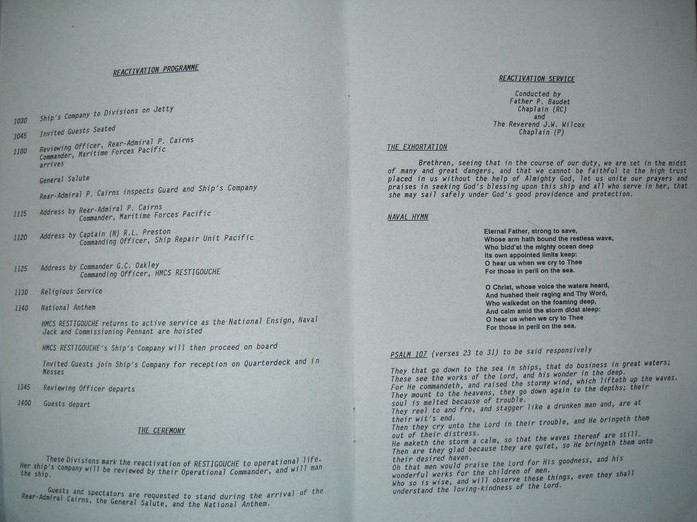 HMCS RESTIGOUCHE RE-ACTIVATION CEREMONY 29 JUN 1990 - PAGE 2 & 3