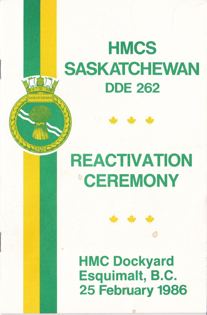 HMCS SASKATCHEWAN 262 REACTIVATION CEREMONY 25 fEB 1986 - COVER