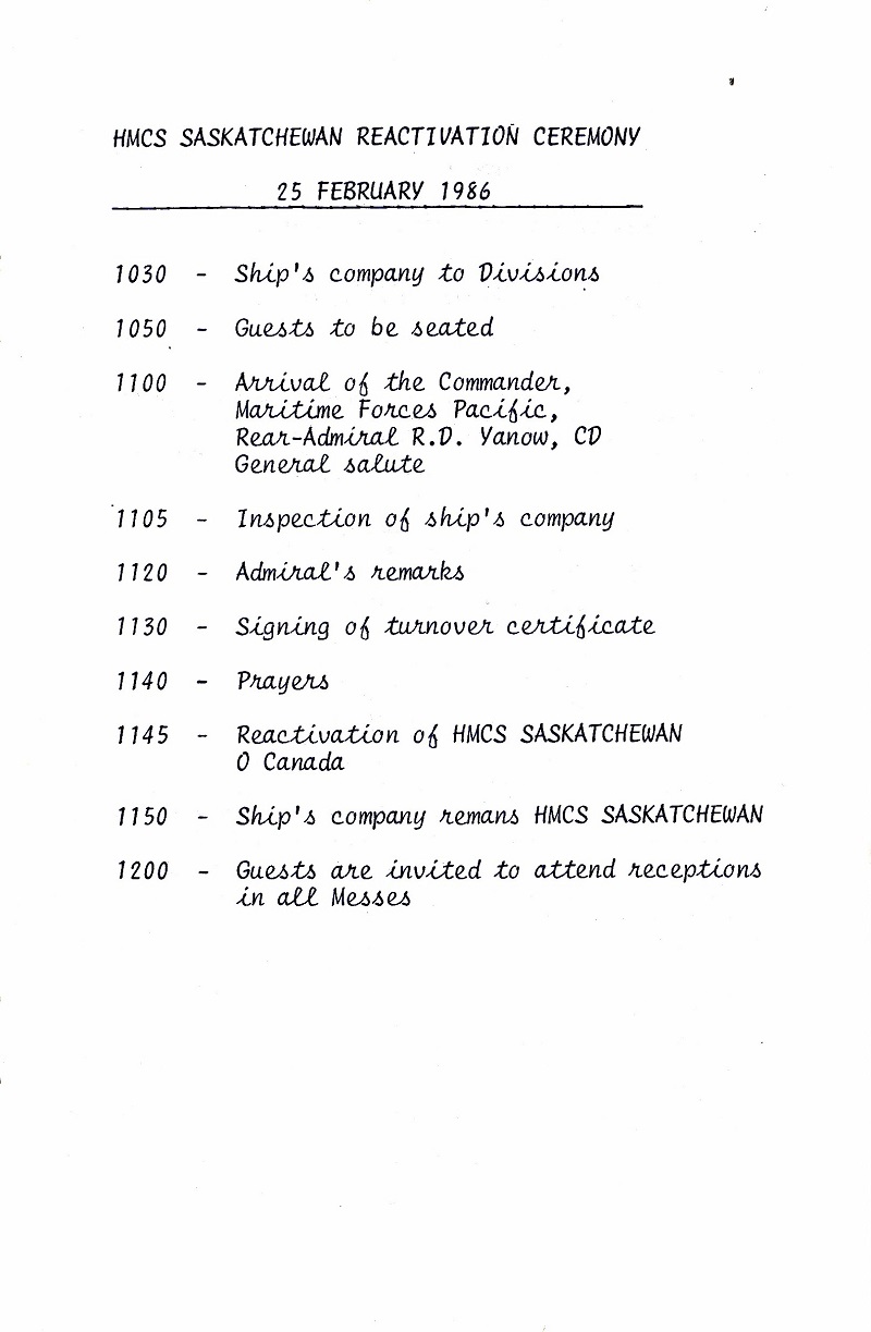 HMCS SASKATCHEWAN 262 REACTIVATION CEREMONY 25 fEB 1986 - PAGE 7