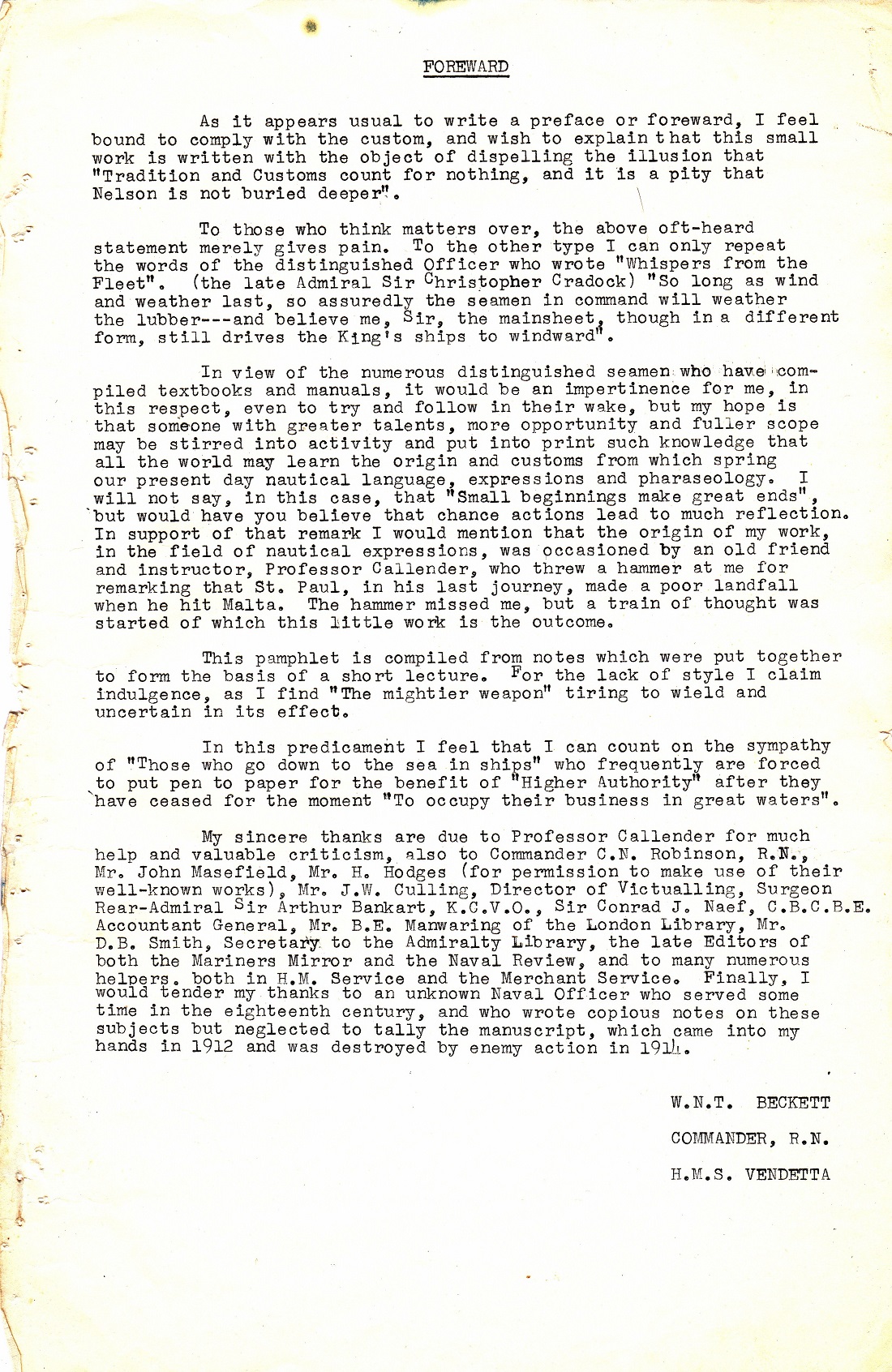 A Few Naval Customs, Expressions, Traditions and Superstitions by Commander W.N.T. Beckett. M.V.O., D.S.C., Royal Navy -  Foreword - reverse blank