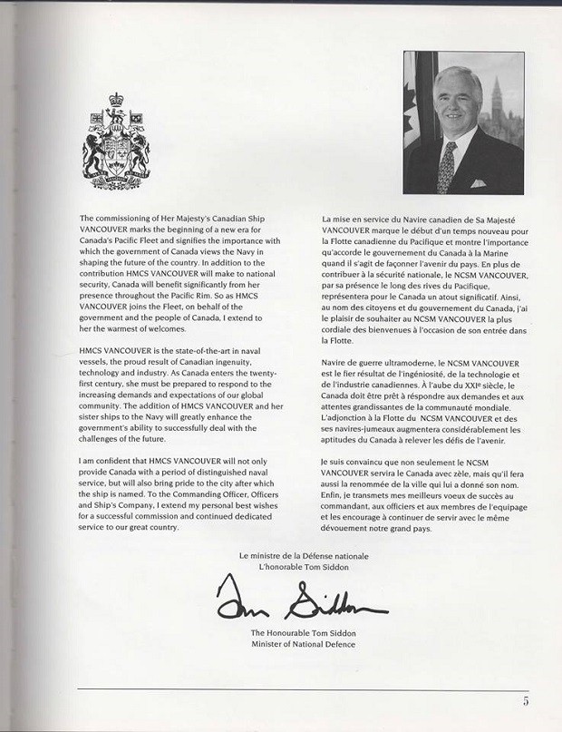 HMCS VANCOUVER COMMISSIONING BOOKLET - PAGE 5