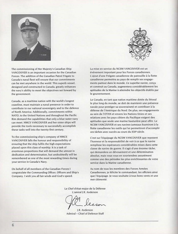 HMCS VANCOUVER COMMISSIONING BOOKLET - PAGE 6