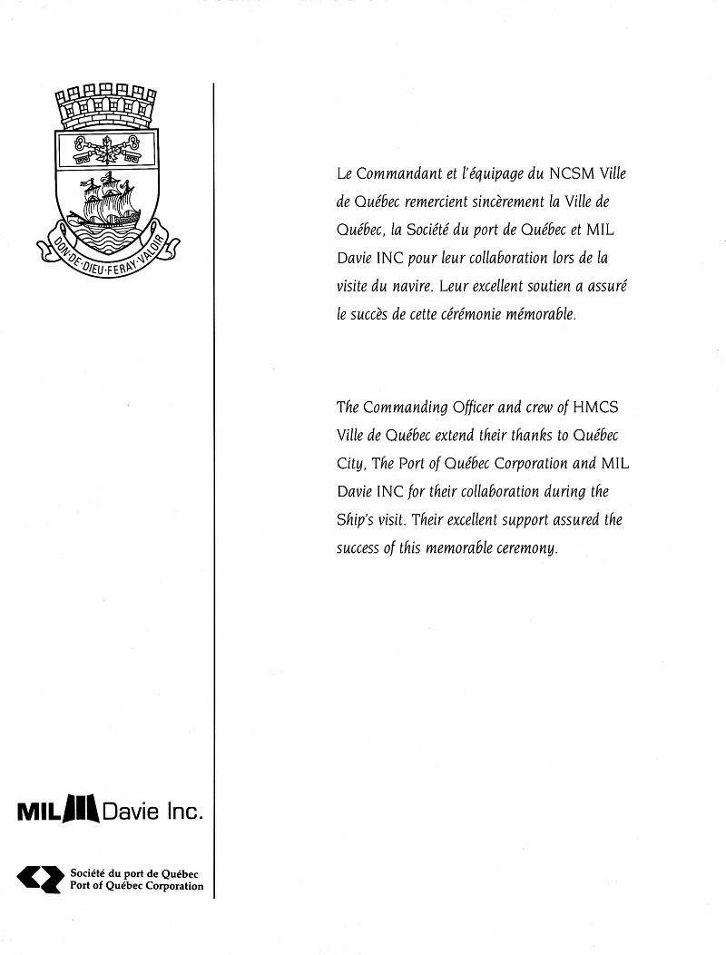 HMCS VILLE DE QUEBEC 332 - COMMISSIONING BOOKLET - Inside Cover