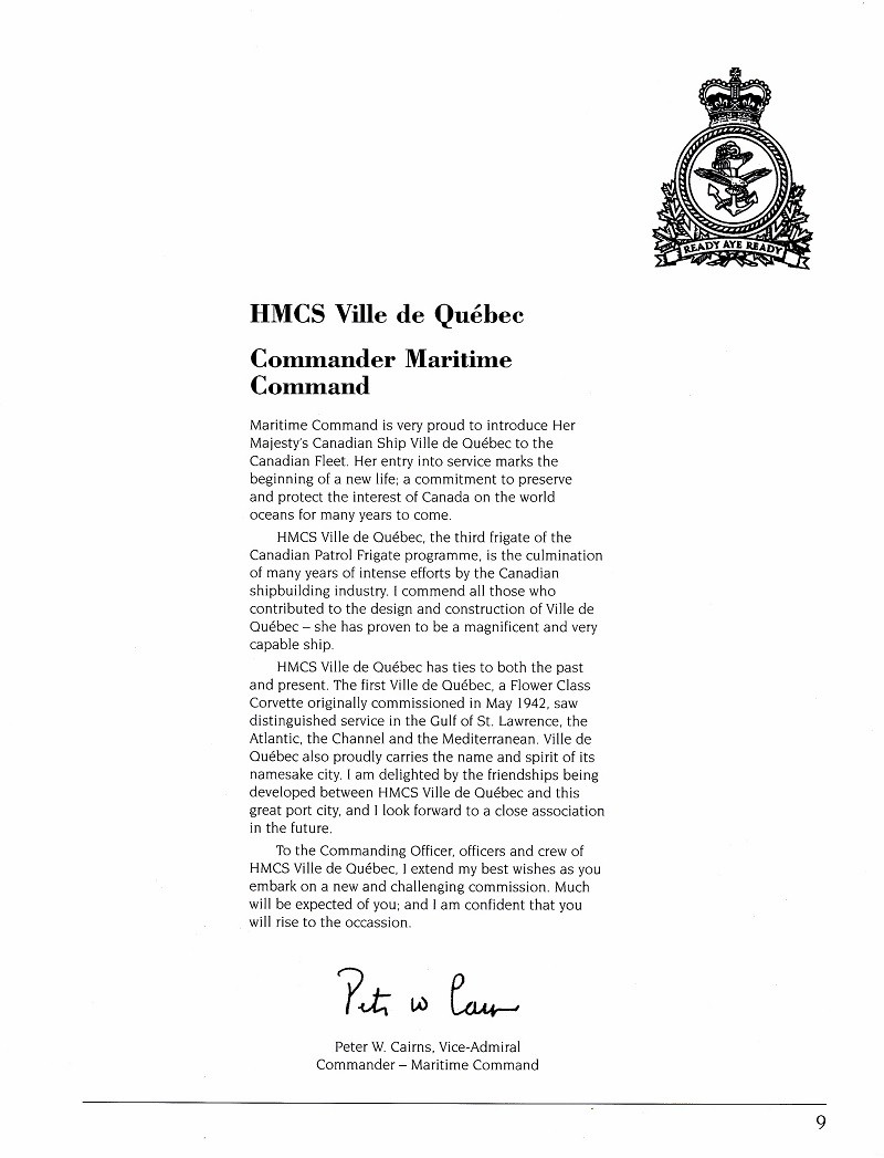HMCS VILLE DE QUEBEC 332 - COMMISSIONING BOOKLET - Page 9